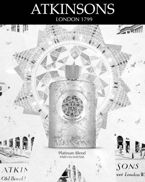 Un lussuoso flacone di Atkinsons Platinum Blend Parfum Intense è posizionato al centro su uno sfondo a motivi, dietro di esso un'aureola geometrica e radiosa. Il testo sopra recita "ATKINSONS LONDON 1799".