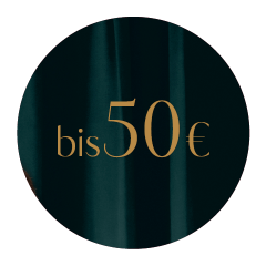 Un'immagine circolare con sfondo scuro e il testo "fino a 50€" al centro, scritto in color oro.