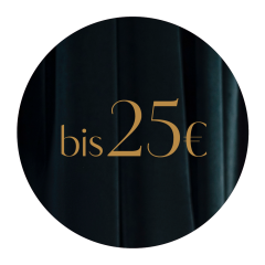 Uno sfondo scuro e circolare con il testo "fino a 25 €" centrato in elegante carattere dorato.