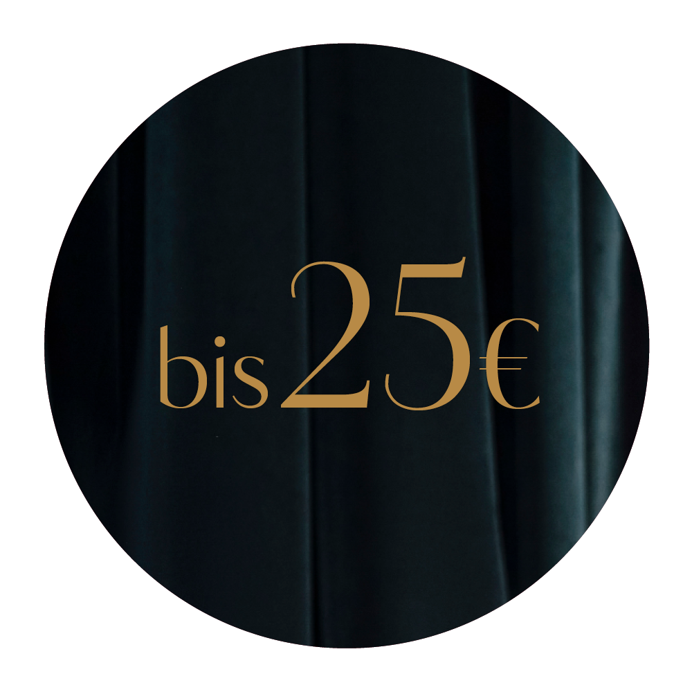 Uno sfondo scuro e circolare con il testo "fino a 25 €" centrato in elegante carattere dorato.