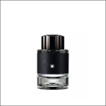 Ein Parfümflakon aus klarem Glas mit einer schwarzen, strukturierten Umhüllung in der Mitte und einer glänzenden schwarzen Kappe mit einem kleinen weißen Stern auf der Vorderseite vor einem schlichten weißen Hintergrund.