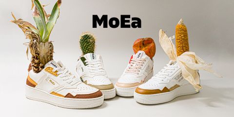 Una mostra di quattro paia di sneaker MoEa, ognuna decorata con diversi elementi naturali come foglie di ananas, un cactus, una pannocchia di mais e una mela. Le sneaker hanno basi bianche con accenti colorati su uno sfondo neutro.