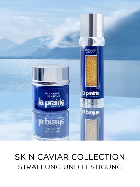 Lussuosa collezione Skin Caviar di La Prairie con due prodotti presentati su uno sfondo tranquillo di acqua blu e cielo. Il testo recita "Skin Caviar Collection Rassodante e Tonificante".