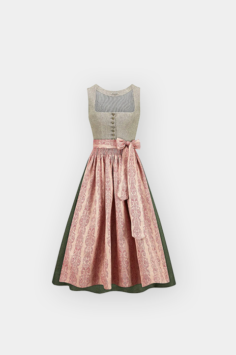 Abito tradizionale Dirndl con corpetto beige, gonna verde e grembiule a motivi rosa, annodato in vita con un fiocco, raffigurato su sfondo bianco.