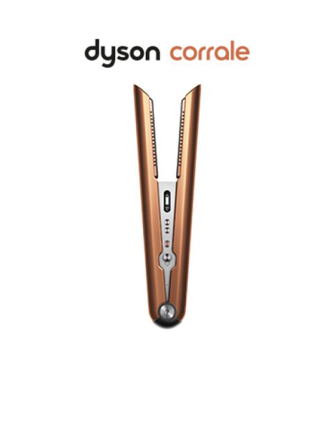 Un elegante styler Dyson Corrale color rame e nero, in verticale su uno sfondo bianco. Il logo Dyson è posizionato sopra il dispositivo, sottolineandone il design moderno e le funzionalità avanzate.