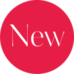 Ein roter Kreis mit dem Wort "New" in weißer, eleganter Serifenschrift in der Mitte.