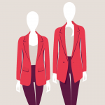 Illustrazione di due figure senza volto che indossano blazer rossi sopra top beige. Le figure sono in piedi una accanto all'altra e mostrano diverse lunghezze di blazer. Lo sfondo è di un colore chiaro e neutro.
