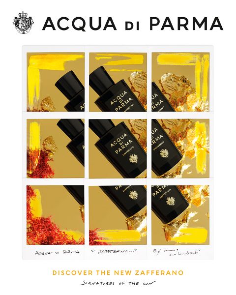 Una griglia di nove quadrati presenta la nuova fragranza Zafferano di Acqua di Parma. Ogni quadrato mostra un frammento del flacone di profumo nero su uno sfondo dorato con accenti rossi e dorati. Il testo recita: "Scopri il nuovo Zafferano, Firme del Sole".