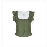 Olivgrüne, taillierte Damenbluse mit kurzen gerüschten Ärmeln, quadratischem Ausschnitt, Knöpfen auf der Vorderseite und leichtem Schößchensaum auf einfarbigem weißem Hintergrund.