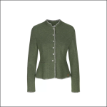 Eine grüne, langärmelige, taillierte Damenjacke mit silbernen Knöpfen auf der Vorderseite und hellgrauen Besätzen an Kragen, Manschetten und Saum.