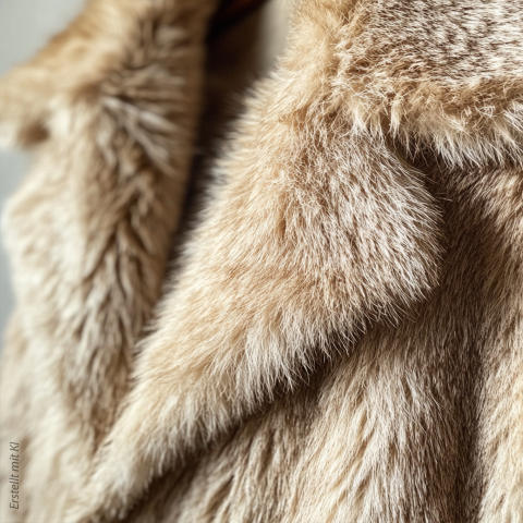 Primo piano di un lussuoso cappotto in pelliccia sintetica marrone chiaro e strutturato, che mette in mostra le sue morbide fibre e i ricchi dettagli. La pelliccia appare spessa e soffice, con una lucentezza brillante alla luce.