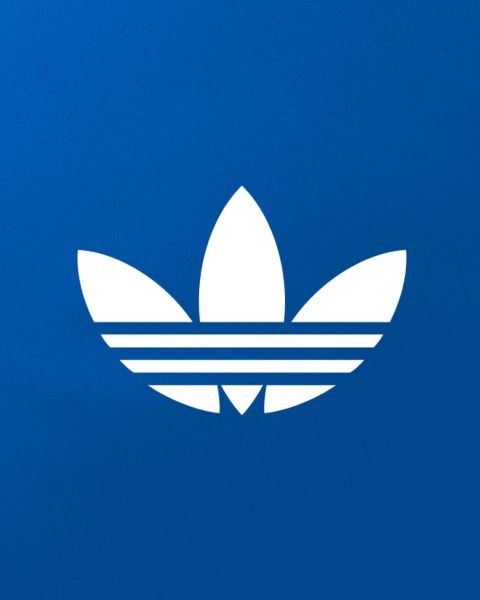 L'immagine mostra il logo bianco Adidas a trifoglio con tre foglie e tre strisce orizzontali, centrato su uno sfondo blu tinta unita.