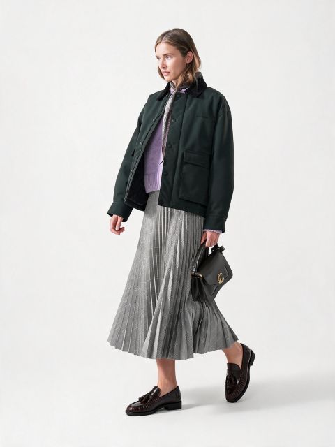 Una donna con giacca nera, maglione viola, gonna a pieghe argentata e mocassini, che tiene in mano una borsa nera, cammina davanti a uno sfondo bianco semplice.