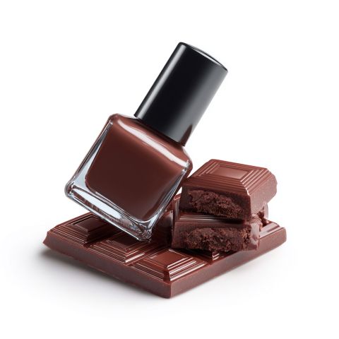 Una bottiglia di smalto marrone è appoggiata a una tavoletta di cioccolato parzialmente rotta, entrambi su uno sfondo bianco.