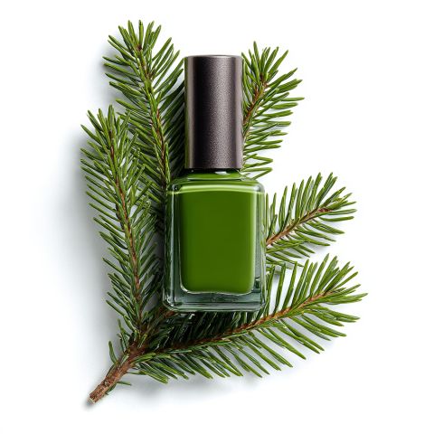 Una bottiglia di smalto verde è posizionata su rami di abete freschi davanti a uno sfondo bianco.