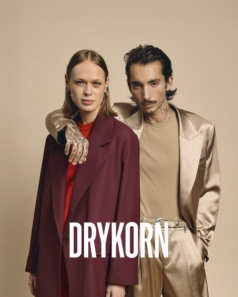 Un'elegante signora anziana con capelli biondo platino e un cappotto di pelliccia nero è seduta su un vecchio divano accanto a un grande cane marrone. La parola "DRYKORN" è visibile nella parte inferiore dell'immagine. L'illuminazione calda crea un'atmosfera lussuosa.