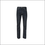 Ein Paar dunkelblaue Denim-Jeans mit gelben Nähten, fünf Taschen und einem Knopfverschluss, dargestellt vor einem weißen Hintergrund.