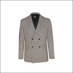 Zweireihiger Herrenblazer mit hellgrauem Karomuster, schwarzen Knöpfen, Revers und schwarzem Innenfutter auf einfarbig weißem Grund.