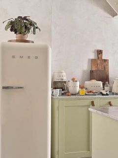 Un frigorifero SMEG color crema si trova in una cucina luminosa con armadietti verde chiaro, una pianta in vaso sopra e vari piccoli elettrodomestici e articoli per la colazione sul bancone.