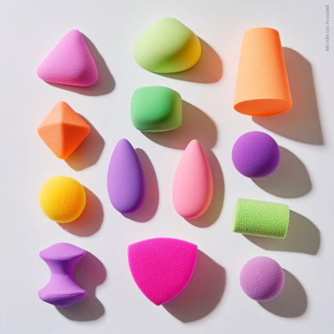 Una varietà di spugnette da trucco colorate disposte su uno sfondo chiaro. Le forme includono gocce, sfere e cunei nei colori arancione, rosa, viola, verde e giallo.