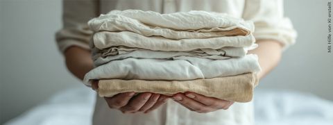 Una persona tiene tra le mani una pila di vestiti piegati ordinatamente in colori neutri, tra cui tonalità di bianco e beige. Lo sfondo è leggermente sfocato, suggerendo un ambiente interno.