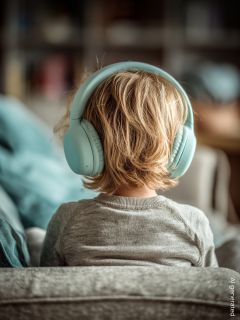 Un bambino piccolo con un maglione rosso con motivi di alberi bianchi è seduto su un tappeto accogliente e indossa cuffie rosse. Il bambino è di fronte a un albero di Natale decorato, circondato da regali e illuminato calorosamente da una luce soffusa e festosa.