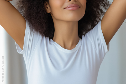 Una persona con i capelli ricci indossa una maglietta bianca, sorride dolcemente e ha le braccia alzate dietro la testa. Lo sfondo è morbido e sfocato.