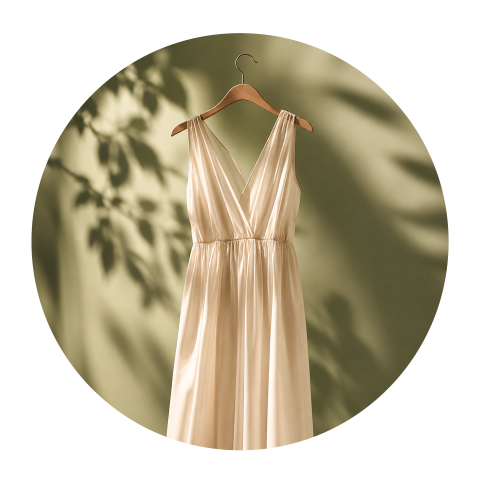 Ein cremefarbenes, ärmelloses Satin-Kleid auf einem Kleiderbügel, mit einem Blattmuster als Schattenmotiv auf grünem Hintergrund.