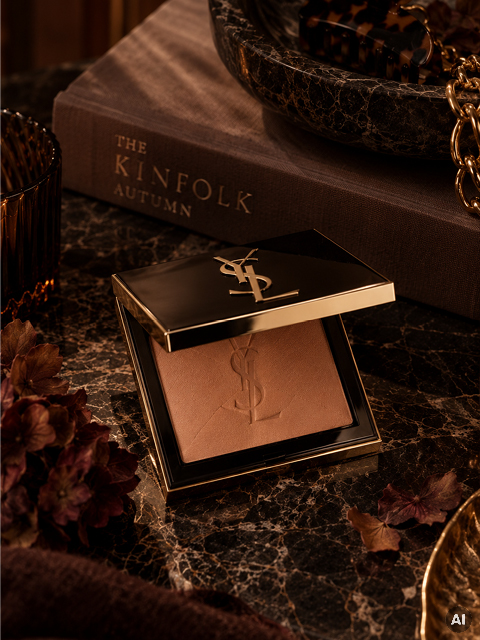 Una cipria compatta YSL è aperta su un tavolo di marmo, circondata da fiori secchi, un bicchiere e un libro intitolato "The Kinfolk Autumn".