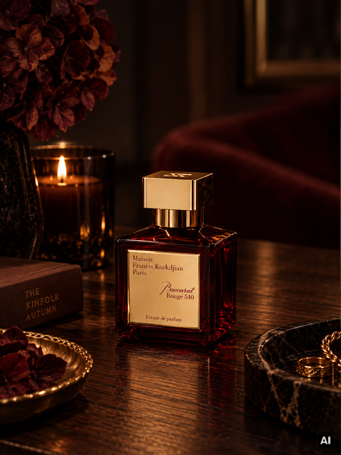 In una stanza calda e poco illuminata, un flacone di profumo rosso con tappo dorato è appoggiato su un tavolo, circondato da una candela, fiori e un libro.