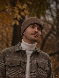 Un uomo con un cappello marrone e una giacca a quadri è in piedi all'aperto sullo sfondo di alberi autunnali, guarda di lato e sorride leggermente.