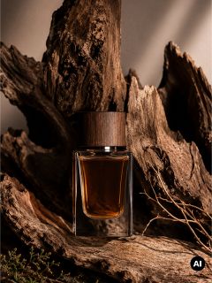 Un flacone di profumo in vetro con tappo in legno è posto tra pezzi di legno grezzo, immerso in una luce calda.