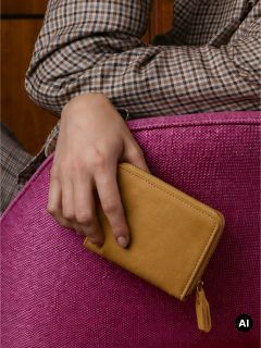 Una persona con una camicia a quadri tiene in mano un portafoglio marrone chiaro con cerniera mentre appoggia il braccio su una superficie rosa testurizzata.