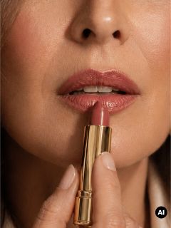 Una donna si applica il rossetto rosa, tenendo un tubetto di rossetto dorato vicino alla bocca.