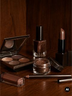 Una selezione di prodotti per il trucco nei toni del marrone, tra cui ombretto, rossetto, smalto, lucidalabbra, matita kajal e pigmento in polvere libera, su una base di legno.