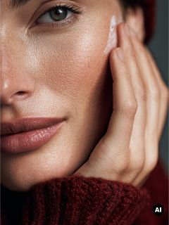 Un primo piano di una donna che si applica la crema sulla guancia, indossando un maglione rosso e un cappello. La sua pelle appare liscia e ben curata.