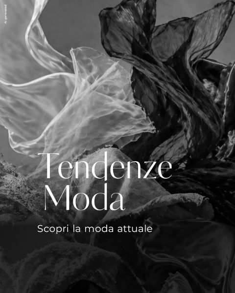 Immagine in bianco e nero con strutture di tessuto fluide e il testo italiano "Tendenze Moda. Scopri la moda attuale" in un carattere elegante.
