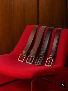 Quattro cinture in pelle marrone e nera con fibbie argentate sono appoggiate su una moderna sedia rossa davanti a uno sfondo di legno.