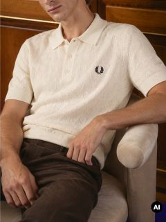 Un uomo con una polo in maglia color crema con logo ricamato è seduto su una sedia beige, con le braccia rilassate, e indossa pantaloni marroni. Sullo sfondo si vedono armadi in legno.