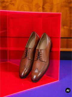 Un paio di scarpe eleganti in pelle marrone, presentate in una scatola trasparente rosa su uno sfondo viola.