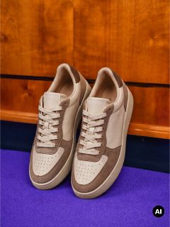 Un paio di sneaker beige-marrone con lacci bianchi si trovano su un pavimento viola davanti a uno sfondo di legno.
