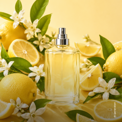 Una boccetta di profumo circondata da limoni freschi, fette di limone, foglie verdi e fiori bianchi su uno sfondo giallo.