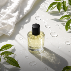 Un flacone di profumo trasparente con tappo nero si trova su una superficie bianca con gocce d'acqua, foglie verdi e un asciugamano bianco nelle vicinanze.