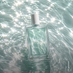 Un flacone di profumo rettangolare in vetro con tappo bianco galleggia su acqua scintillante e baciata dal sole.