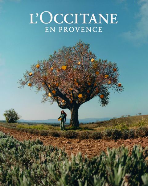 Un gruppo di persone è in piedi in un campo di lavanda, tenendosi per mano sotto un cielo limpido. Sorridono alla fotocamera, circondati da fiori viola brillante. In basso si vede il marchio "L'OCCITANE EN PROVENCE".