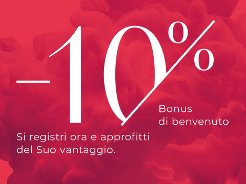 Testo su sfondo rosso: "-10% Bonus di benvenuto. Si registri ora e approfitti del Suo vantaggio."