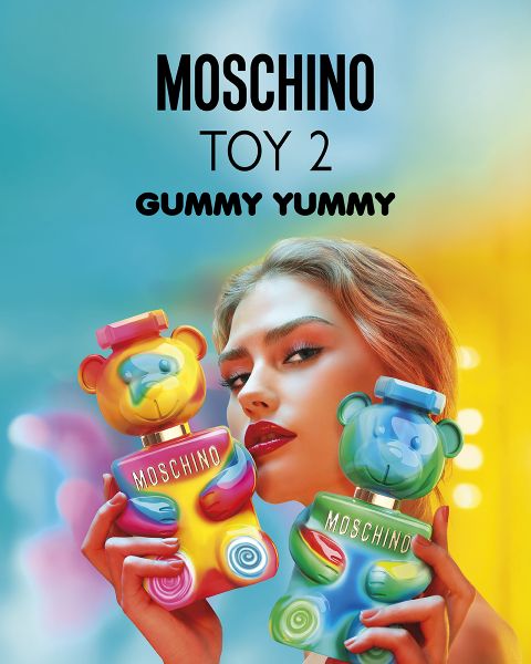 Uomo a torso nudo in lederhosen e cappello tiene in mano una bottiglia di profumo Moschino a forma di orsacchiotto. Testo: "MOSCHINO TOY BOY EAU DE PARFUM."