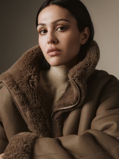 Una donna con lunghi capelli scuri e trucco neutro indossa una giacca shearling marrone e un dolcevita beige e guarda direttamente nella fotocamera con un'espressione serena, su uno sfondo semplice.