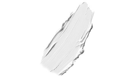 Un tratto di pennello strutturato di vernice bianco crema su sfondo bianco, che mostra le scanalature e le curve create da un pennello.