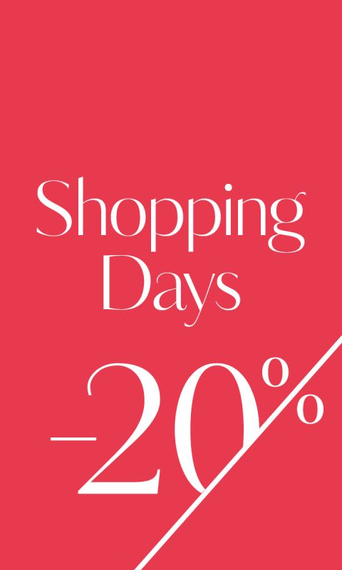 Sfondo rosso con testo bianco con la scritta "Shopping Days -20%". Il testo è diviso da una linea diagonale bianca.
